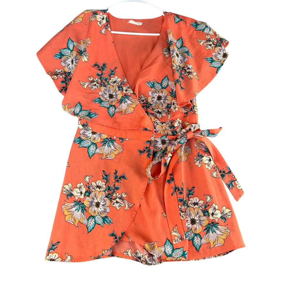 Hummingbird Coral Orange Floral Wrap Romper Short Sleeve V-Neck Size S